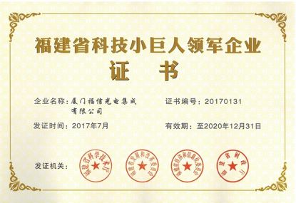 918博天娱乐官网光电喜获“福建省科技幼巨人领军企业”荣誉称号